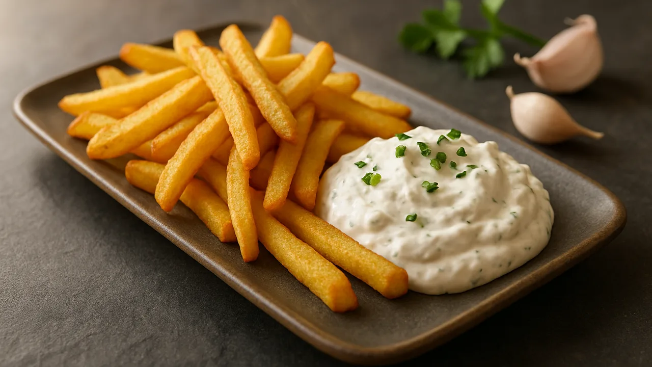 Pommes mit Knoblauchquark aus dem Airfryer mit Tiefkühl-Pommes und Quark, auf dunklem Schiefer angerichtet.