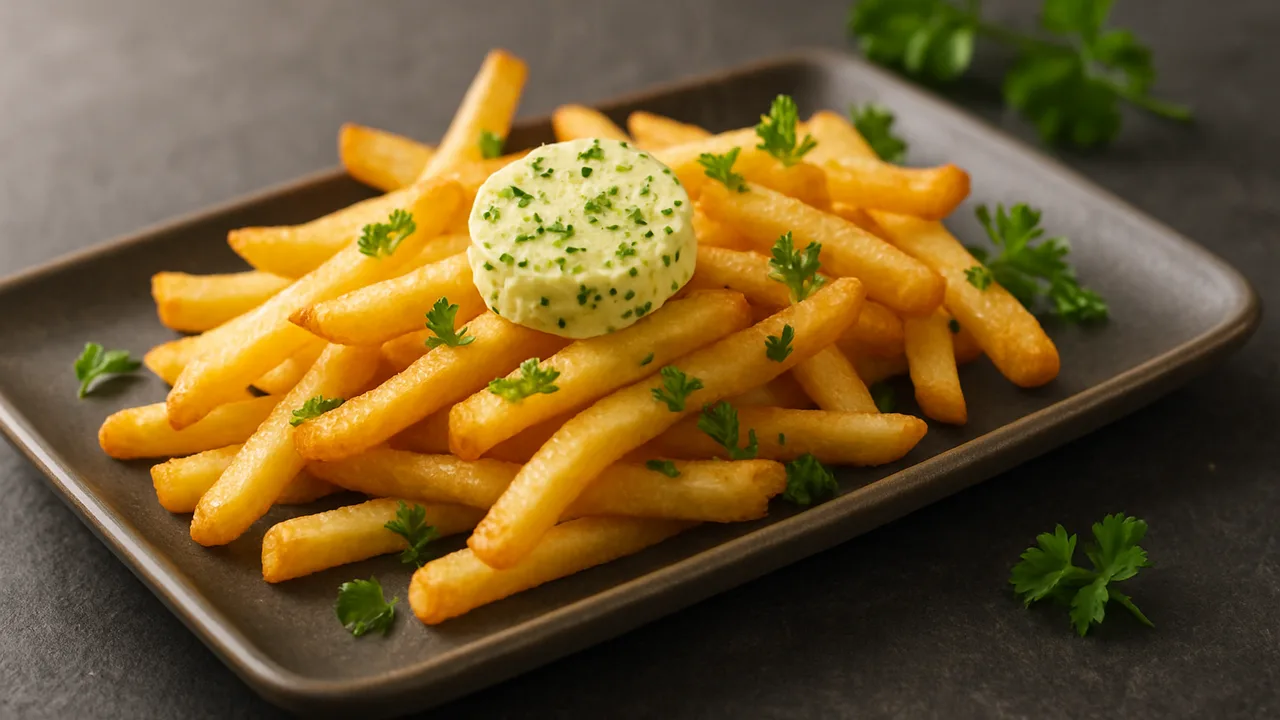 Pommes mit Kräuterbutter und Petersilie aus dem Airfryer mit Tiefkühl-Pommes und Butter, auf dunklem Schiefer angerichtet.