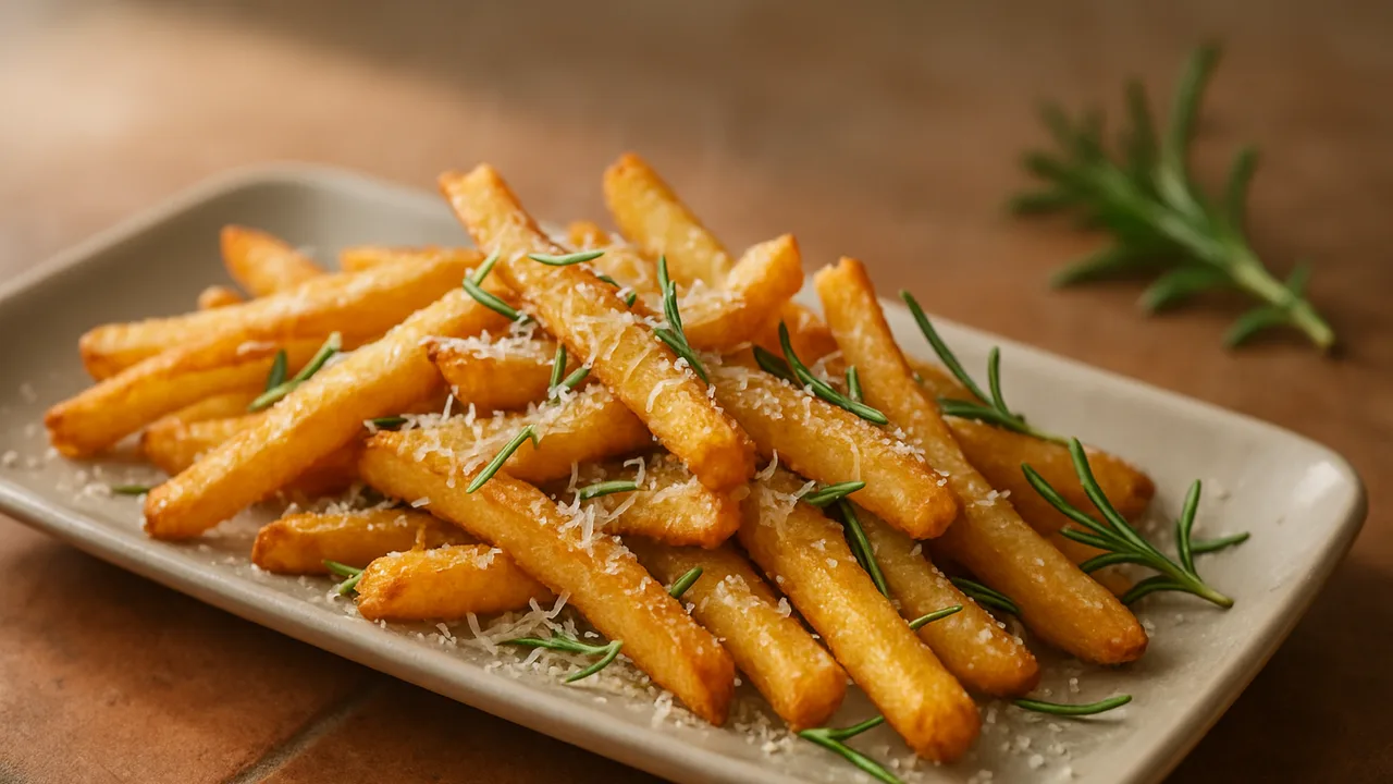 Pommes mit Parmesan und Rosmarin aus dem Airfryer mit Tiefkühl-Pommes und Parmesan, gerieben, auf Terracotta-Fliesen …