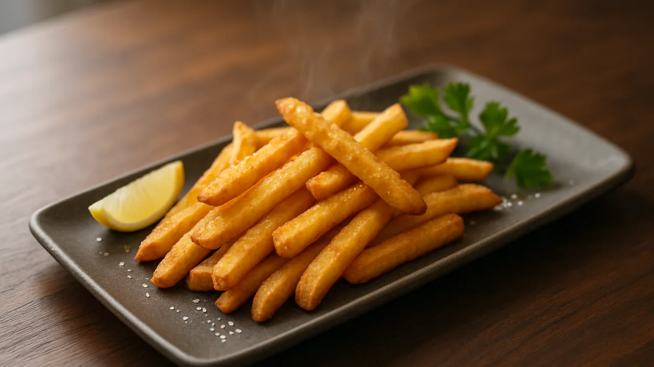 Pommes vom Vortag wieder knusprig aufbacken aus dem Airfryer mit Pommes frites vom Vortag, auf dunklem Walnussholz …