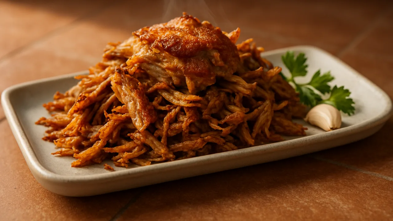 Pulled Pork aus dem Airfryer mit Schweinenacken und Knoblauchpulver, auf Terracotta-Fliesen angerichtet.