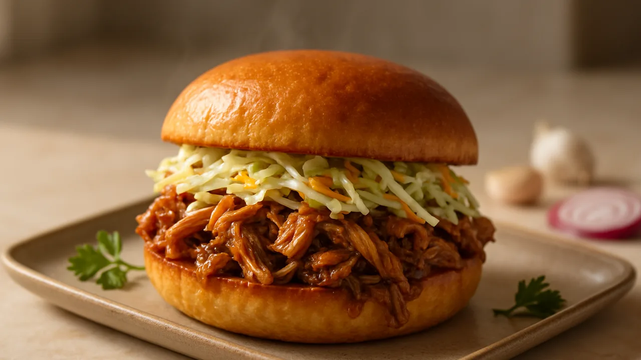 Pulled-Pork-Sandwich mit Krautsalat aus dem Airfryer mit Schweinenacken und Knoblauchpulver, auf beigem Marmor angerichtet.