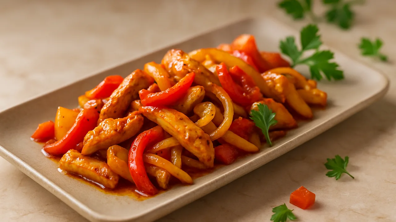 Putenbrust-Chili-Pfanne aus dem Airfryer mit Putenbrust und Paprika, auf beigem Marmor angerichtet.