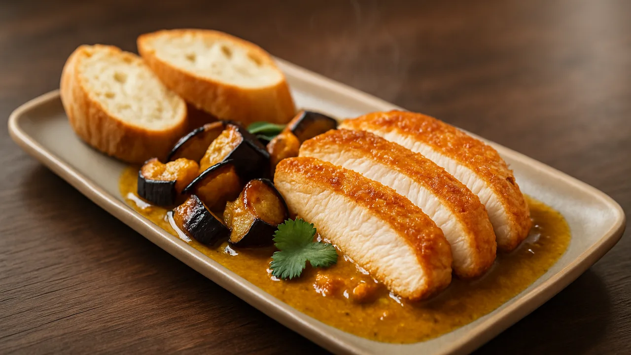 Putenbrust Curry mit Aubergine und Baguette aus dem Airfryer mit Putenbrust und Aubergine, auf dunklem Walnussholz …