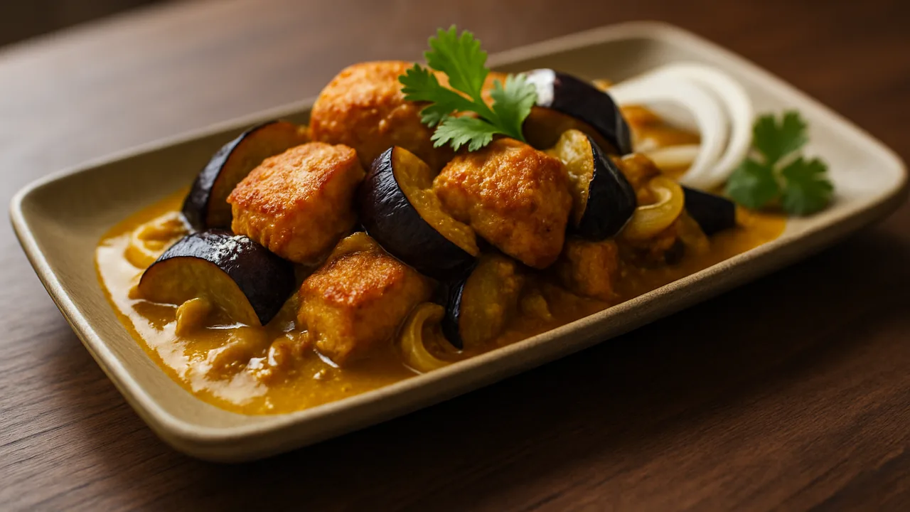 Putenbrust Curry mit Aubergine aus dem Airfryer mit Putenbrust und Aubergine, auf dunklem Walnussholz angerichtet.