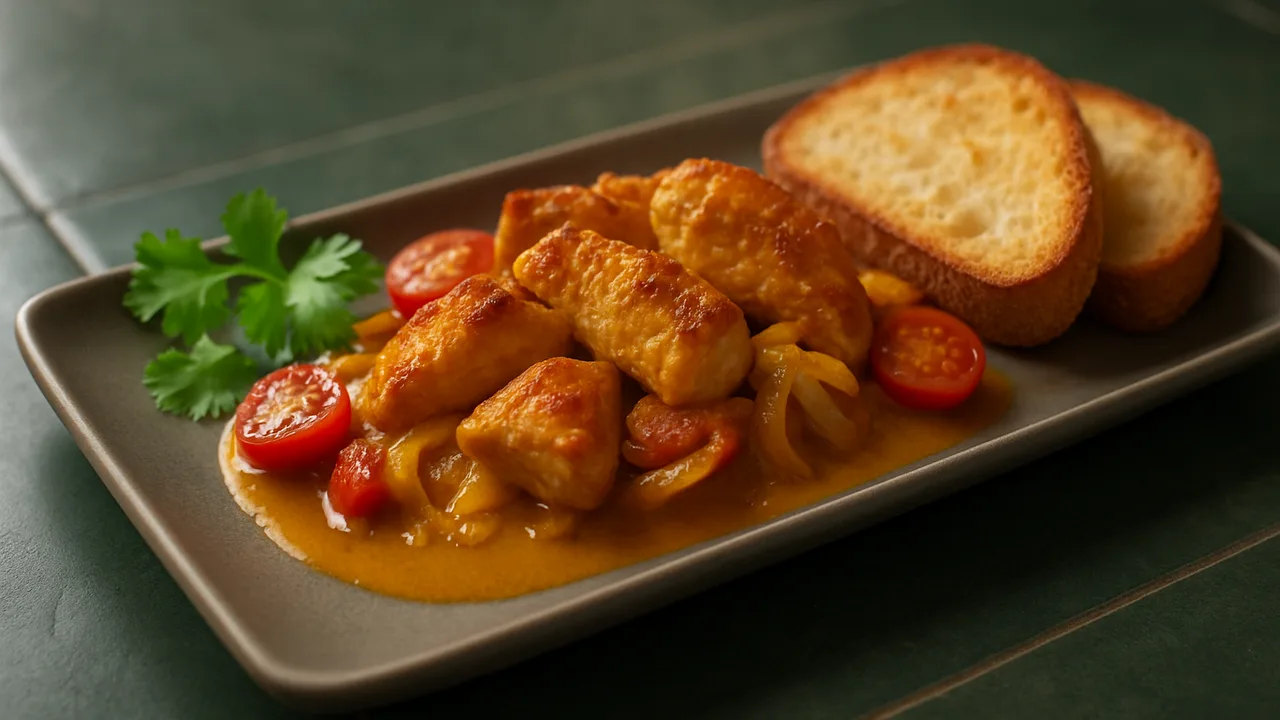 Putenbrust Curry mit Tomate und Brot aus dem Airfryer mit Putenbrust und Tomaten, auf dunkelgrünen Fliesen angerichtet.