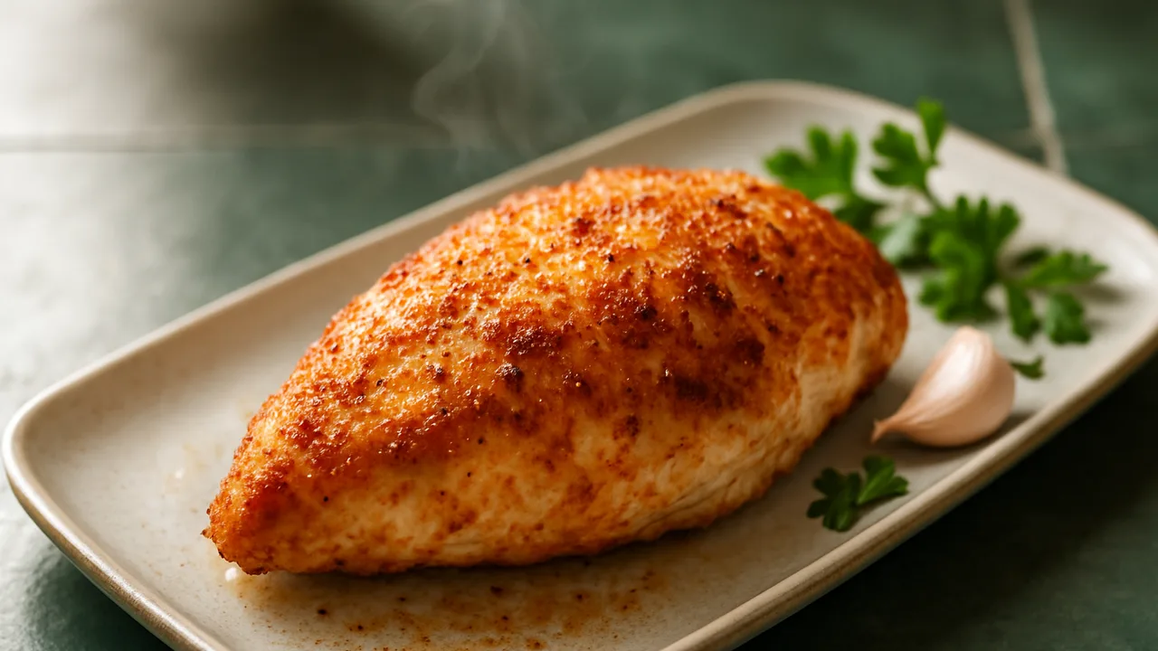 Putenbrust im Airfryer – saftig gegart mit Putenbrust und Knoblauchpulver, auf dunkelgrünen Fliesen angerichtet.