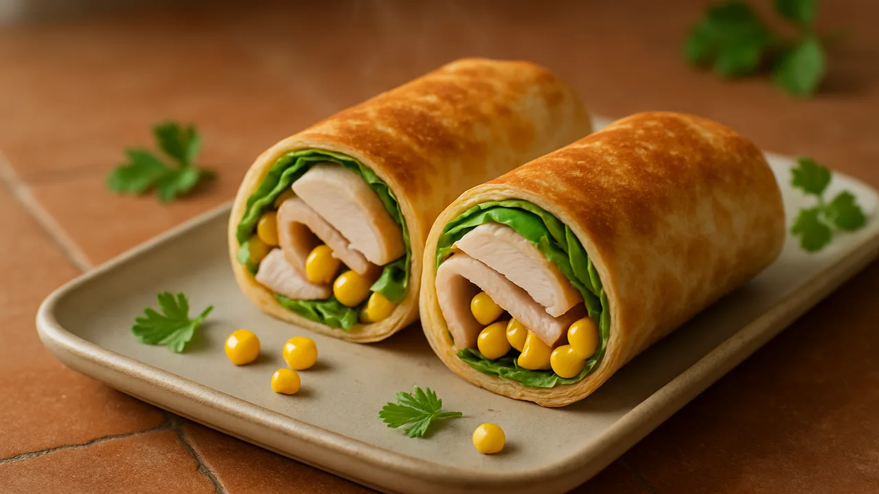 Putenbrust-Mais Wrap aus dem Airfryer mit Putenbrust und Mais, auf Terracotta-Fliesen angerichtet.