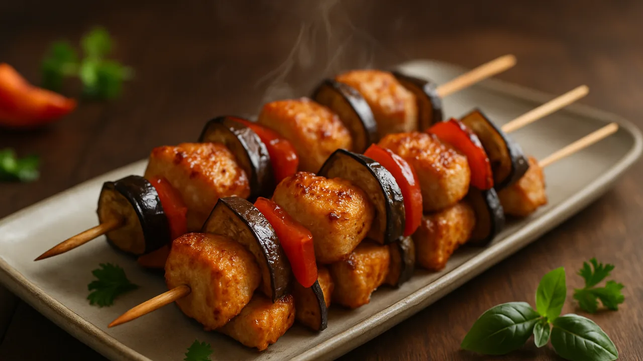 Putenbrust-Spieße mit Aubergine aus dem Airfryer mit Putenbrust und Aubergine, auf dunklem Walnussholz angerichtet.