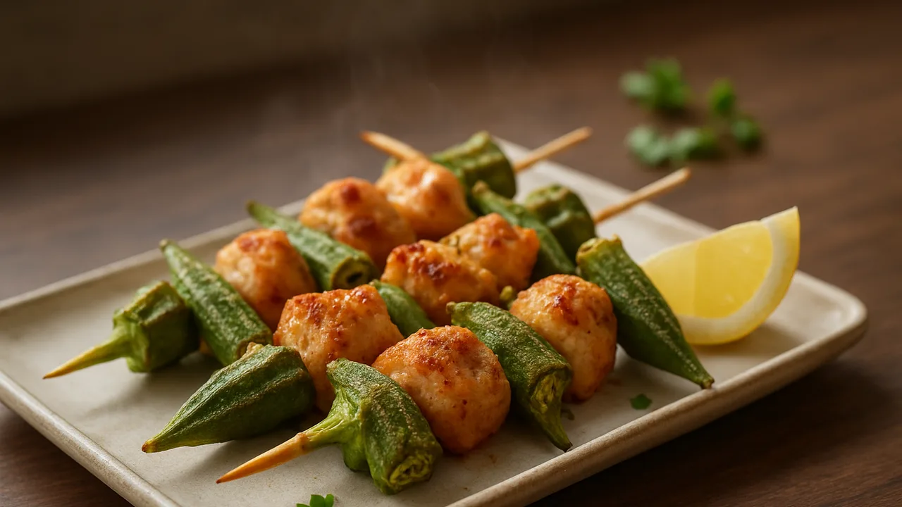 Putenbrust-Spieße mit Okra aus dem Airfryer mit Putenbrust und Okra, auf dunklem Walnussholz angerichtet.