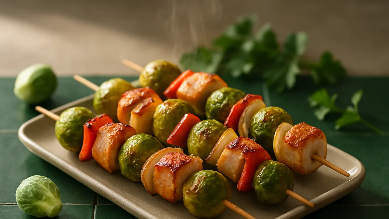 Putenbrust-Spieße mit Rosenkohl aus dem Airfryer mit Putenbrust und Paprika, auf dunkelgrünen Fliesen angerichtet.