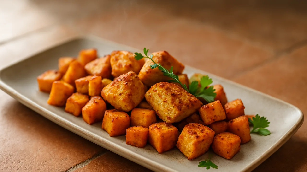 Putenbrust-Süßkartoffel-Pfanne aus dem Airfryer mit Putenbrust und Süßkartoffel, auf Terracotta-Fliesen angerichtet.