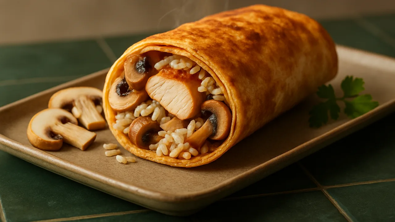 Putenbrust Wrap mit Champignons und Reis aus dem Airfryer mit Putenbrust und Champignons, auf dunkelgrünen Fliesen …