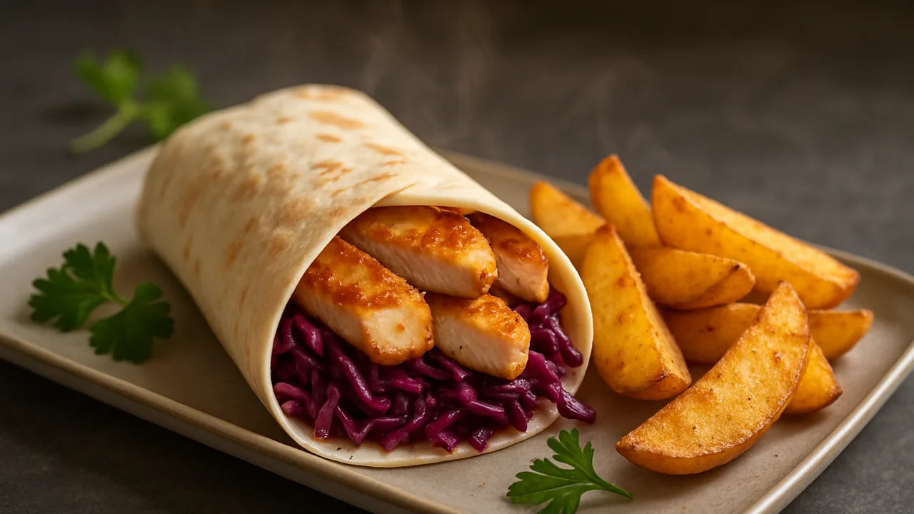 Putenbrust Wrap mit Rotkohl und Kartoffelspalten aus dem Airfryer mit Putenbrustfilet und Kartoffeln, auf dunklem Schiefer …