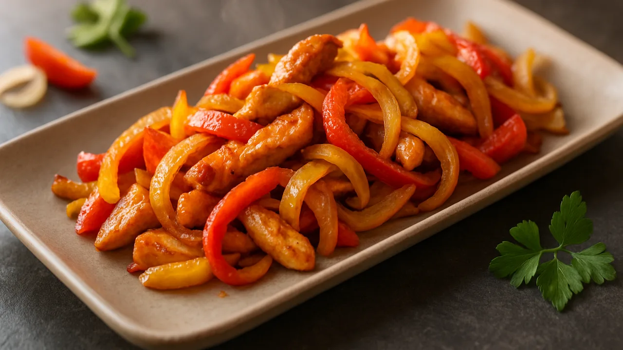 Putengeschnetzeltes mit Paprika und Zwiebeln aus dem Airfryer mit Putenbrust und Paprika, auf dunklem Schiefer angerichtet.