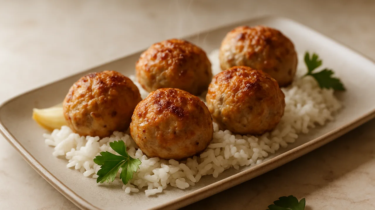 Puten-Hackbällchen mit Reis aus dem Airfryer mit Putenhackfleisch und Ei, auf beigem Marmor angerichtet.