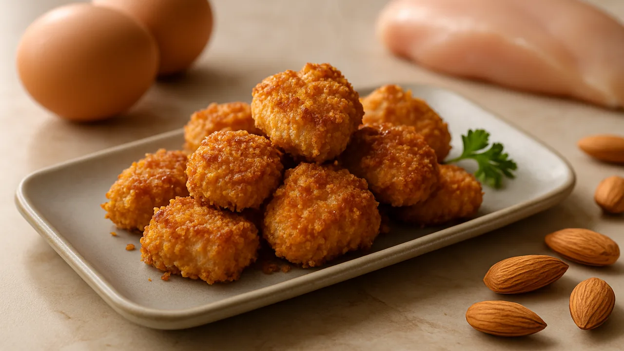 Putennuggets low carb mit Mandelpanade aus dem Airfryer mit Putenbrust und Eier, auf beigem Marmor angerichtet.