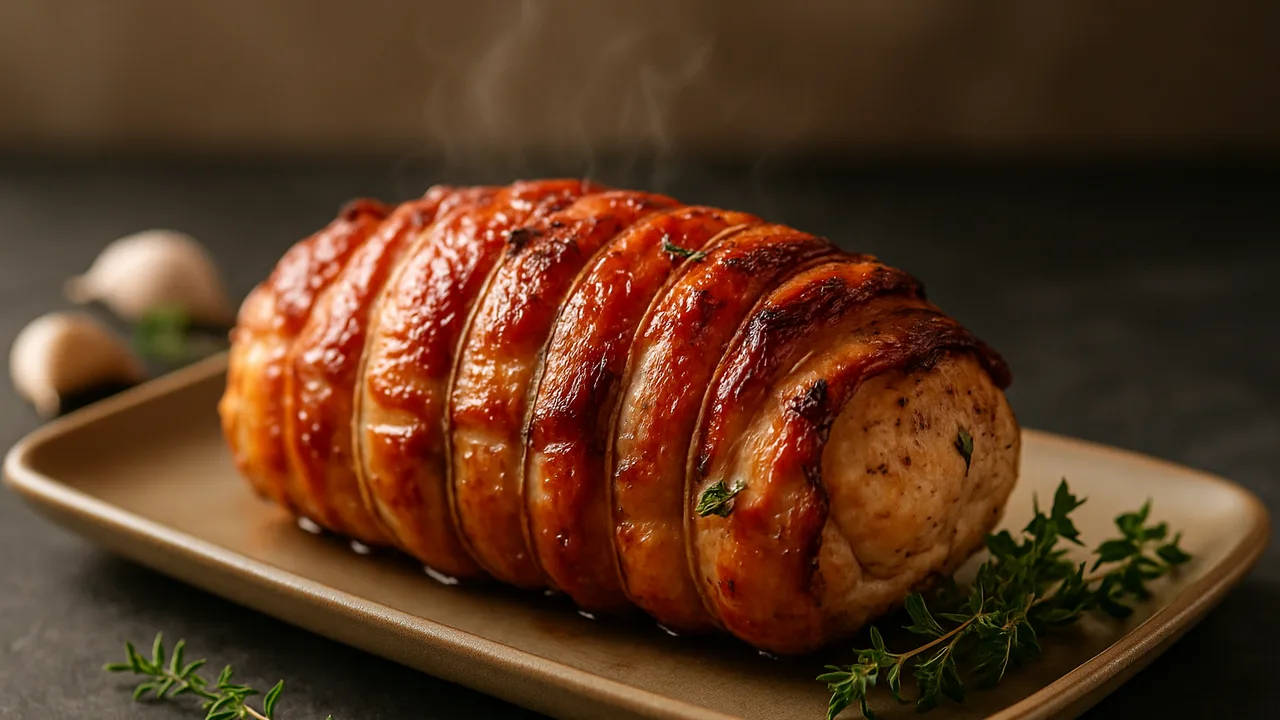 Putenrollbraten mit Speck und Kräutern aus dem Airfryer mit Putenbrust und Speckscheiben, auf dunklem Schiefer angerichtet.