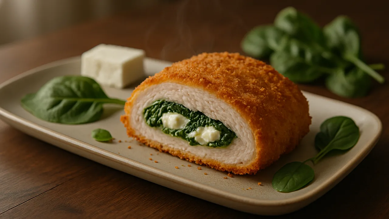Putenschnitzel-Cordon-bleu mit Feta und Spinat aus dem Airfryer mit Putenschnitzel und Feta, auf dunklem Walnussholz …