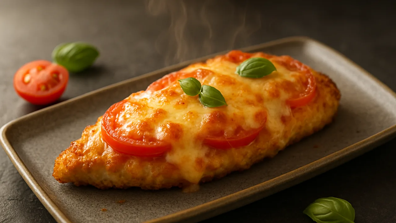 Putenschnitzel mit Käse überbacken aus dem Airfryer mit Putenschnitzel aus Putenbrust und Tomaten, auf dunklem Schiefer …