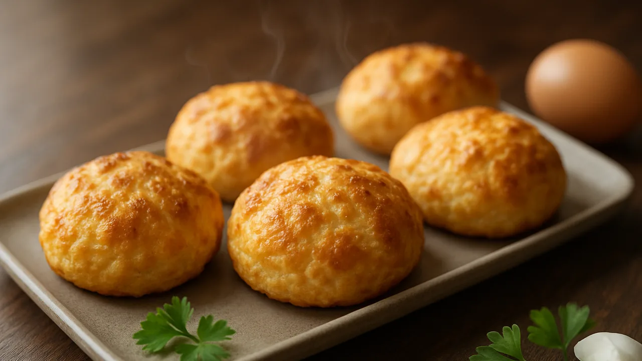 Schnelle Quark-Öl-Brötchen ohne Hefe aus dem Airfryer mit Magerquark und Ei, auf dunklem Walnussholz angerichtet.