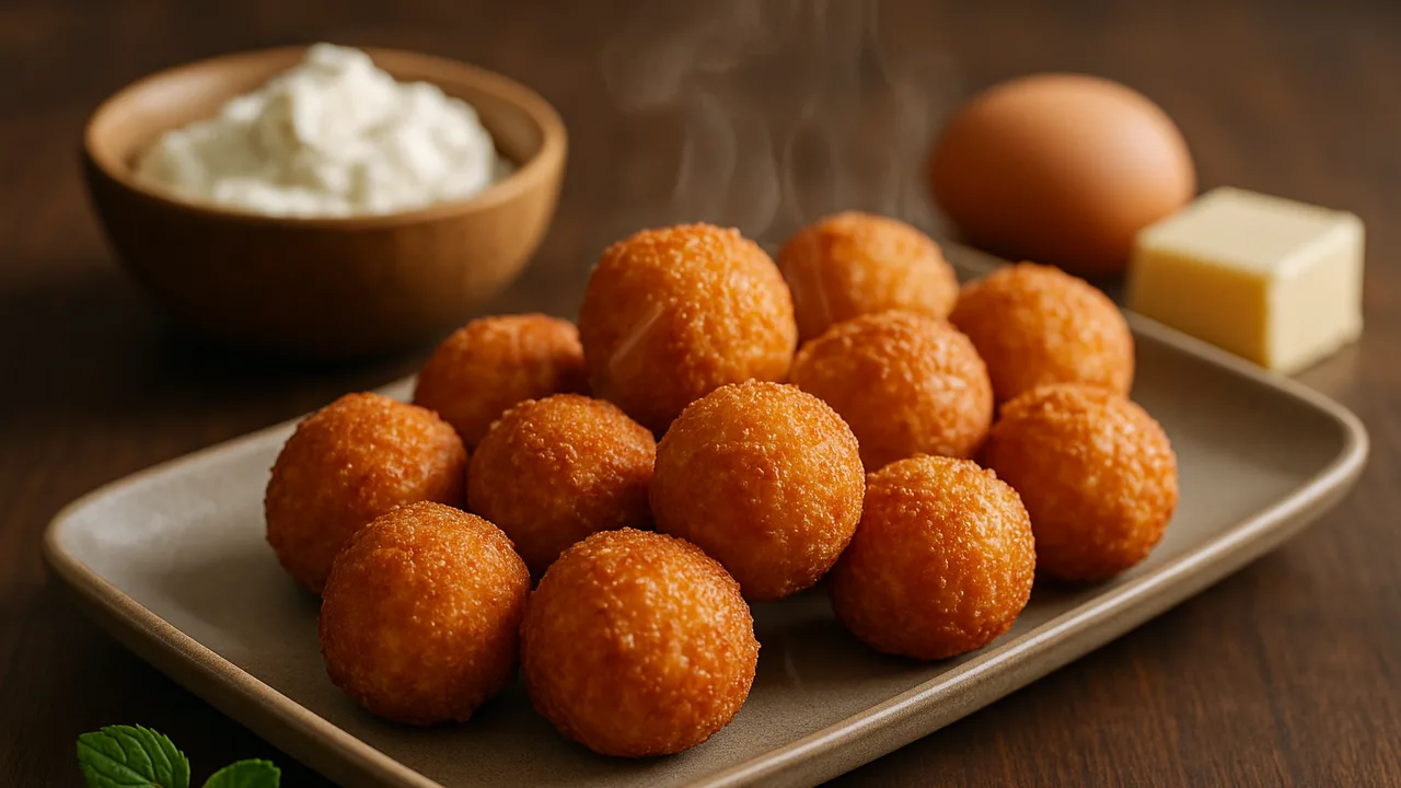 Quarkbällchen aus dem Airfryer mit Magerquark und Ei, auf dunklem Walnussholz angerichtet.