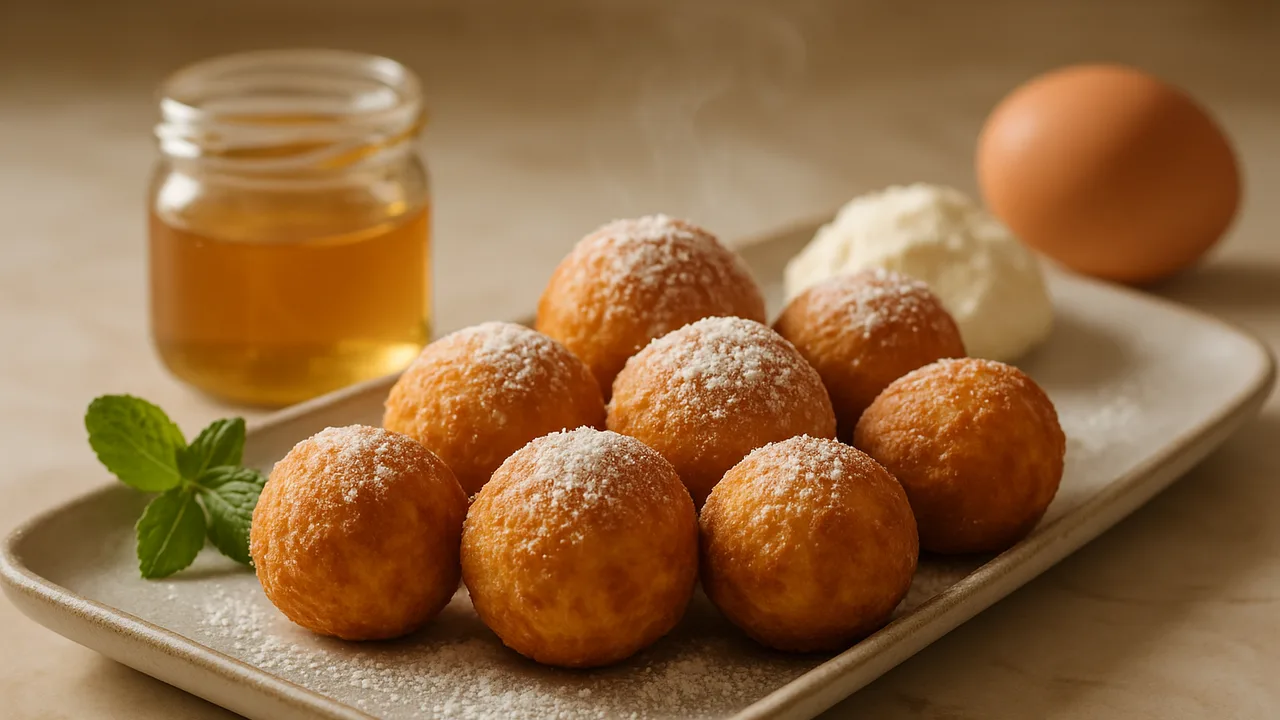 Quarkbällchen mit Honig statt Zucker aus dem Airfryer mit Magerquark und Ei, auf beigem Marmor angerichtet.