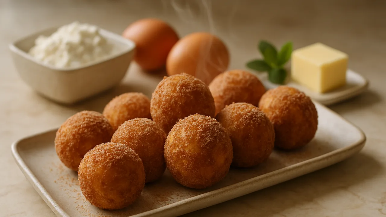 Quarkbällchen mit Zimt und Zucker aus dem Airfryer mit Speisequark und Eier, auf beigem Marmor angerichtet.