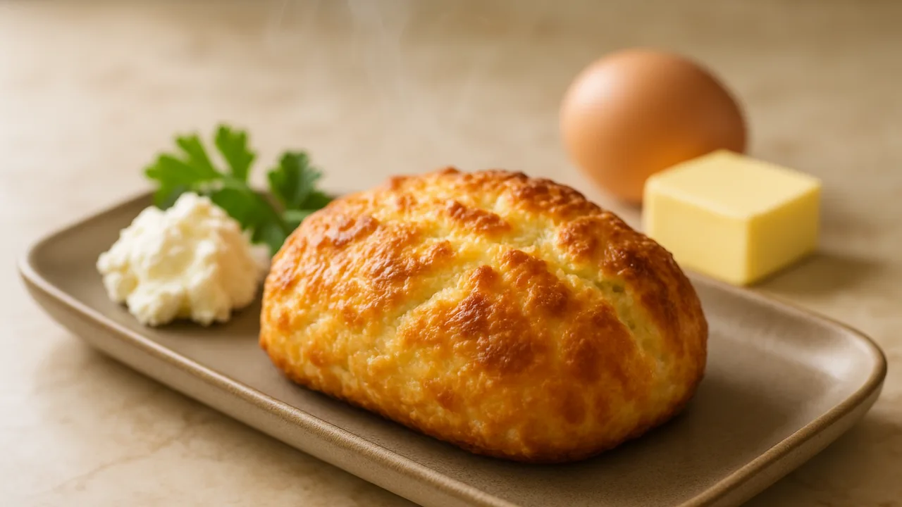 Quarkbrot ohne Hefe aus dem Airfryer mit Quark und Ei, auf beigem Marmor angerichtet.