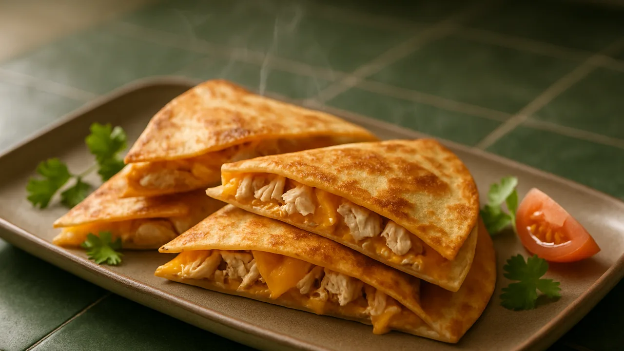 Quesadillas mit Hähnchen und Käse aus dem Airfryer mit Weizentortillas und Hähnchenbrust, auf dunkelgrünen Fliesen …