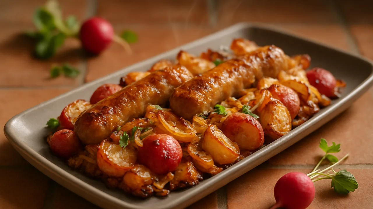 Radieschen-Bratwurst-Auflauf aus dem Airfryer mit Bratwurst und Radieschen, auf Terracotta-Fliesen angerichtet.