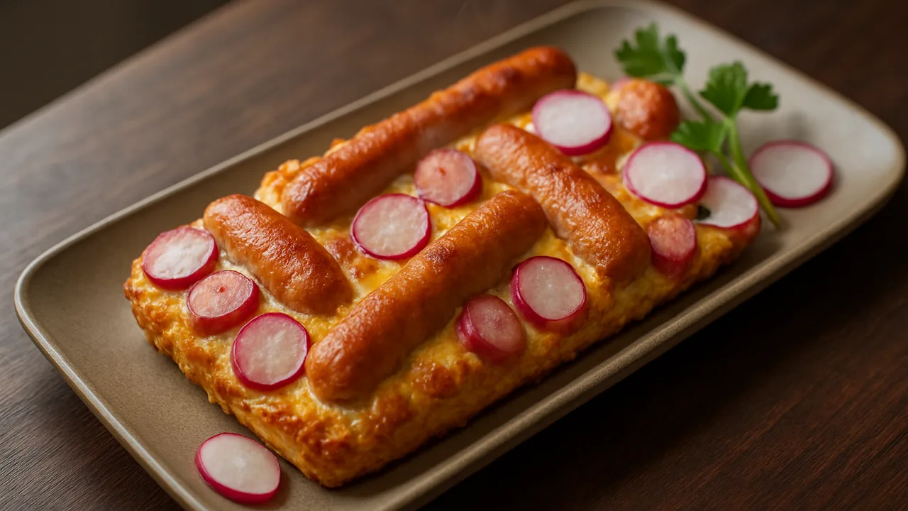 Radieschen-Wiener Würstchen Auflauf aus dem Airfryer mit Wiener Würstchen und Radieschen, auf dunklem Walnussholz …