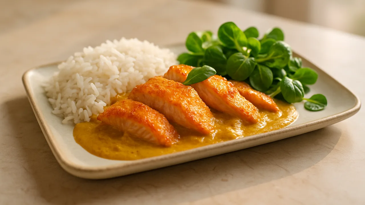 Räucherlachs Curry mit Feldsalat und Reis aus dem Airfryer mit Basmatireis und Räucherlachs, auf beigem Marmor angerichtet.