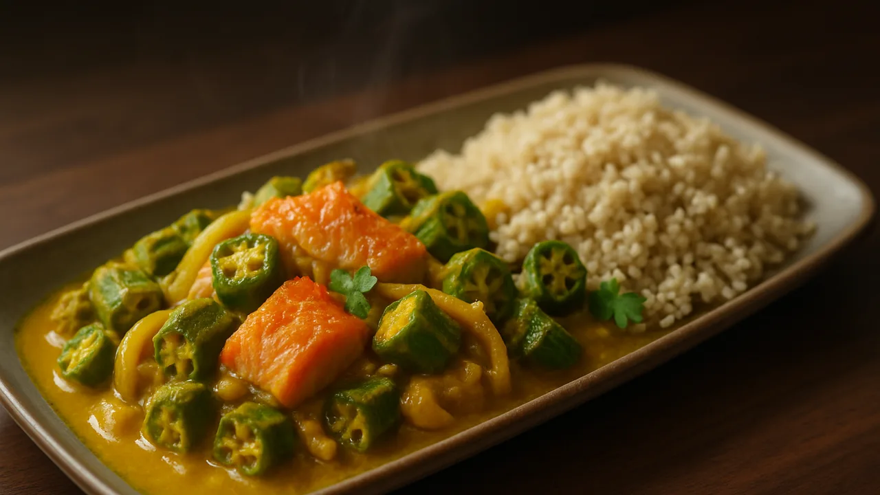 Räucherlachs Curry mit Okra und Quinoa aus dem Airfryer mit Räucherlachs und Okra, auf dunklem Walnussholz angerichtet.