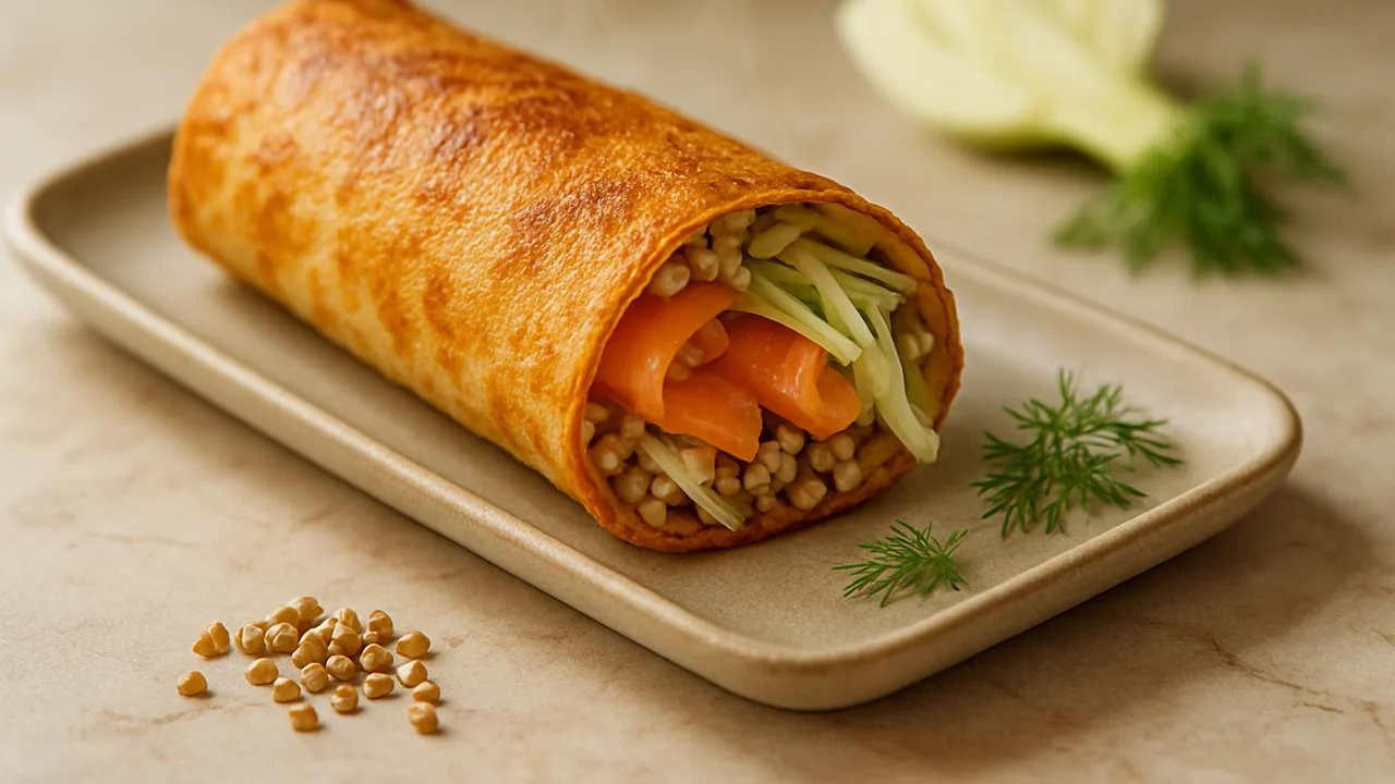 Räucherlachs Wrap mit Fenchel und Buchweizen aus dem Airfryer mit Räucherlachs und Fenchel, auf beigem Marmor angerichtet.
