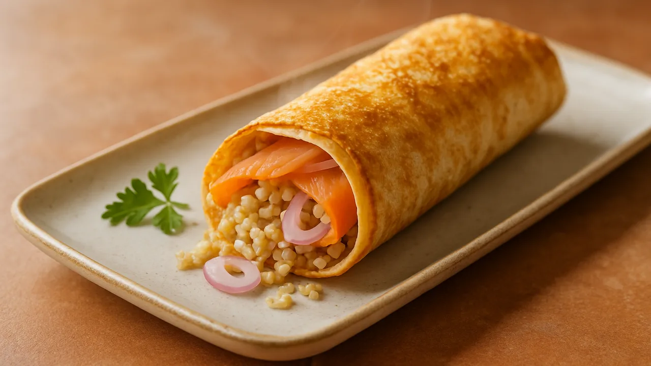 Räucherlachs Wrap mit Schalotte und Quinoa aus dem Airfryer mit Räucherlachs und Schalotten, auf Terracotta-Fliesen …