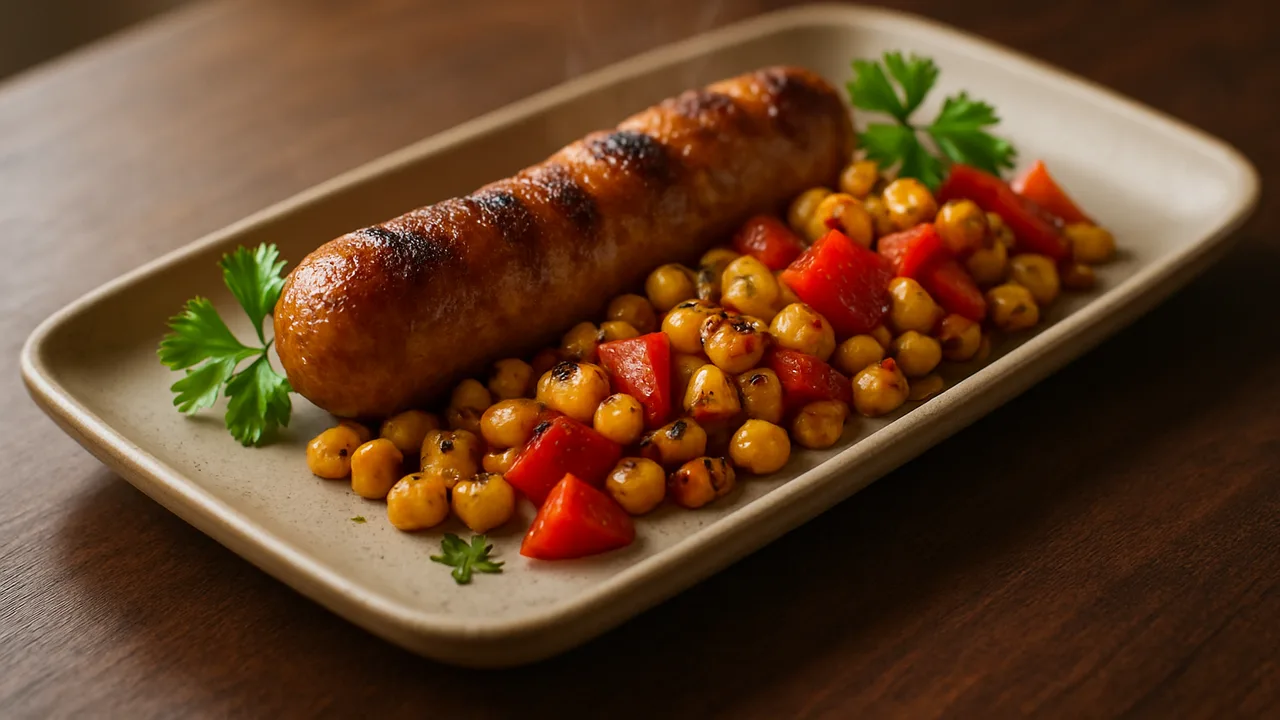 Rauchig Bratwurst-Mais-Schale aus dem Airfryer mit Bratwurst und Mais, auf dunklem Walnussholz angerichtet.
