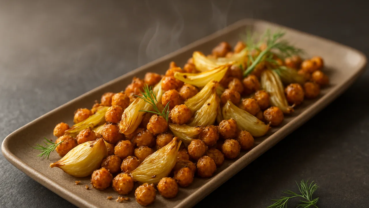 Rauchig Fenchel-Kichererbsen-Röstchen aus dem Airfryer mit Kichererbsen und Fenchel, auf dunklem Schiefer angerichtet.