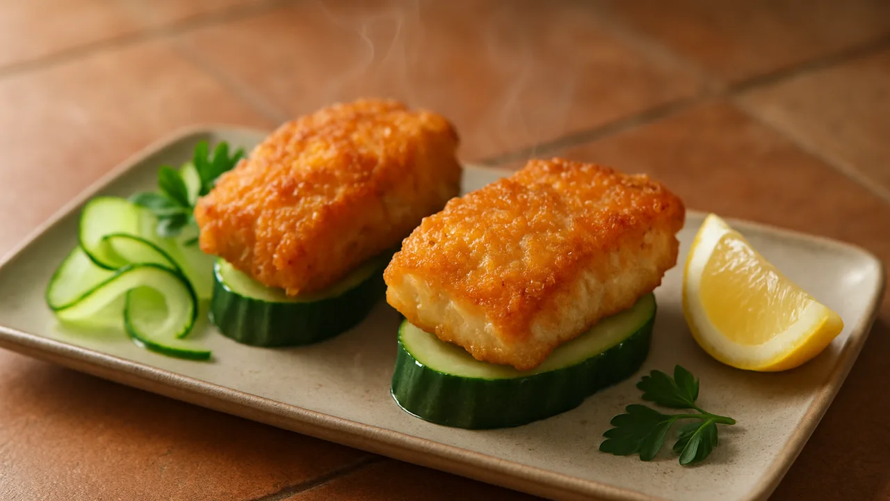 Rauchig Gurke-Rotbarsch-Röstchen aus dem Airfryer mit Rotbarschfilets und Salatgurke, auf Terracotta-Fliesen angerichtet.