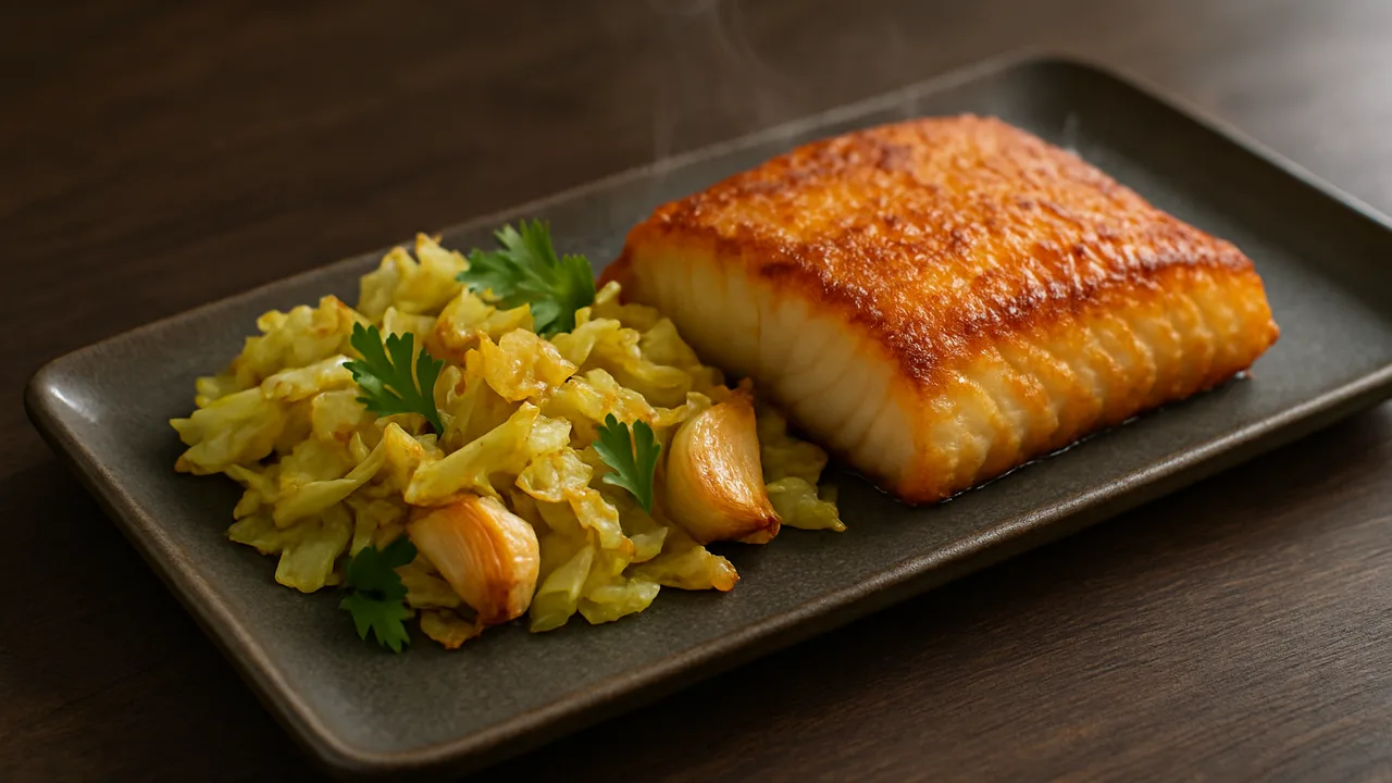 Rauchig Kabeljau mit Weißkohl aus dem Airfryer mit Kabeljaufilet und Weißkohl, auf dunklem Walnussholz angerichtet.