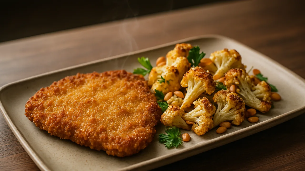 Rauchig Kalbsschnitzel-Blumenkohl mit Pinienkernen aus dem Airfryer mit Kalbsschnitzel und Blumenkohl, auf dunklem …