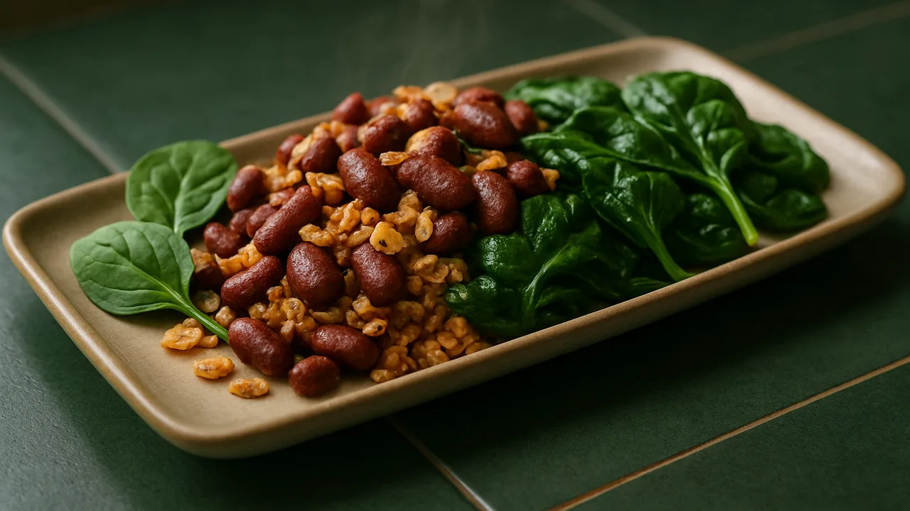 Rauchig Kidneybohnen Bowl mit Haferflocken und Spinat aus dem Airfryer mit Kidneybohnen und Haferflocken, auf dunkelgrünen …
