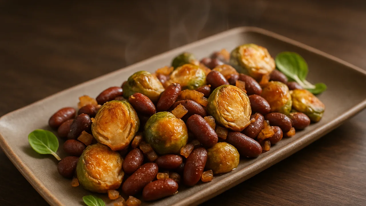 Rauchig Kidneybohnen mit Rosenkohl aus dem Airfryer mit Kidneybohnen aus der Dose und Rosenkohl, auf dunklem Walnussholz …