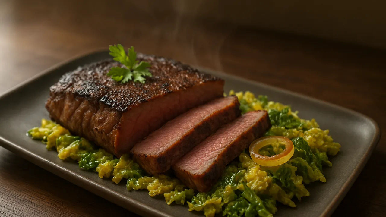 Rauchiges Rumpsteak mit Wirsing aus dem Airfryer mit Rumpsteak und Wirsing, auf dunklem Walnussholz angerichtet.