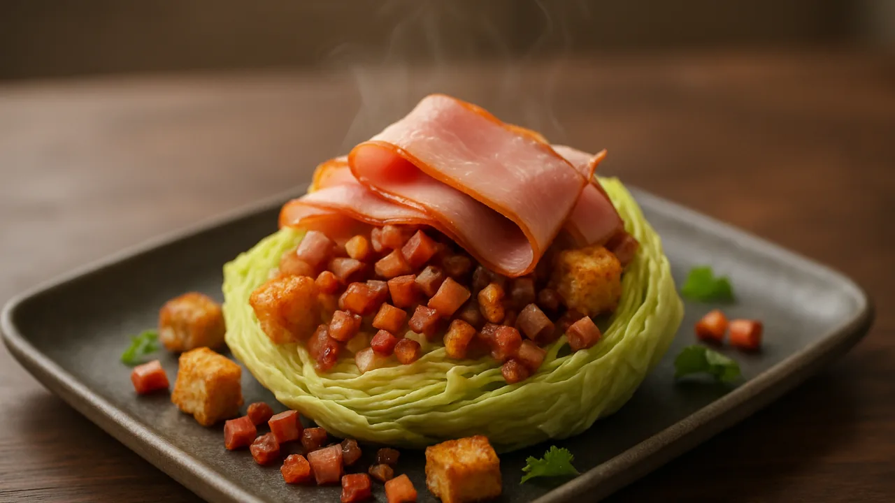 Rauchig Schinken-Eisbergsalat-Schale aus dem Airfryer mit Schinken und Speckwürfel, auf dunklem Walnussholz angerichtet.