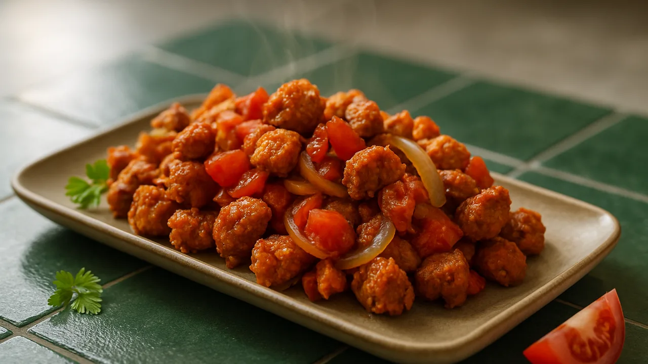 Rauchig Sojaschnetzel mit Tomate aus dem Airfryer mit Sojaschnetzel und Tomaten, auf dunkelgrünen Fliesen angerichtet.