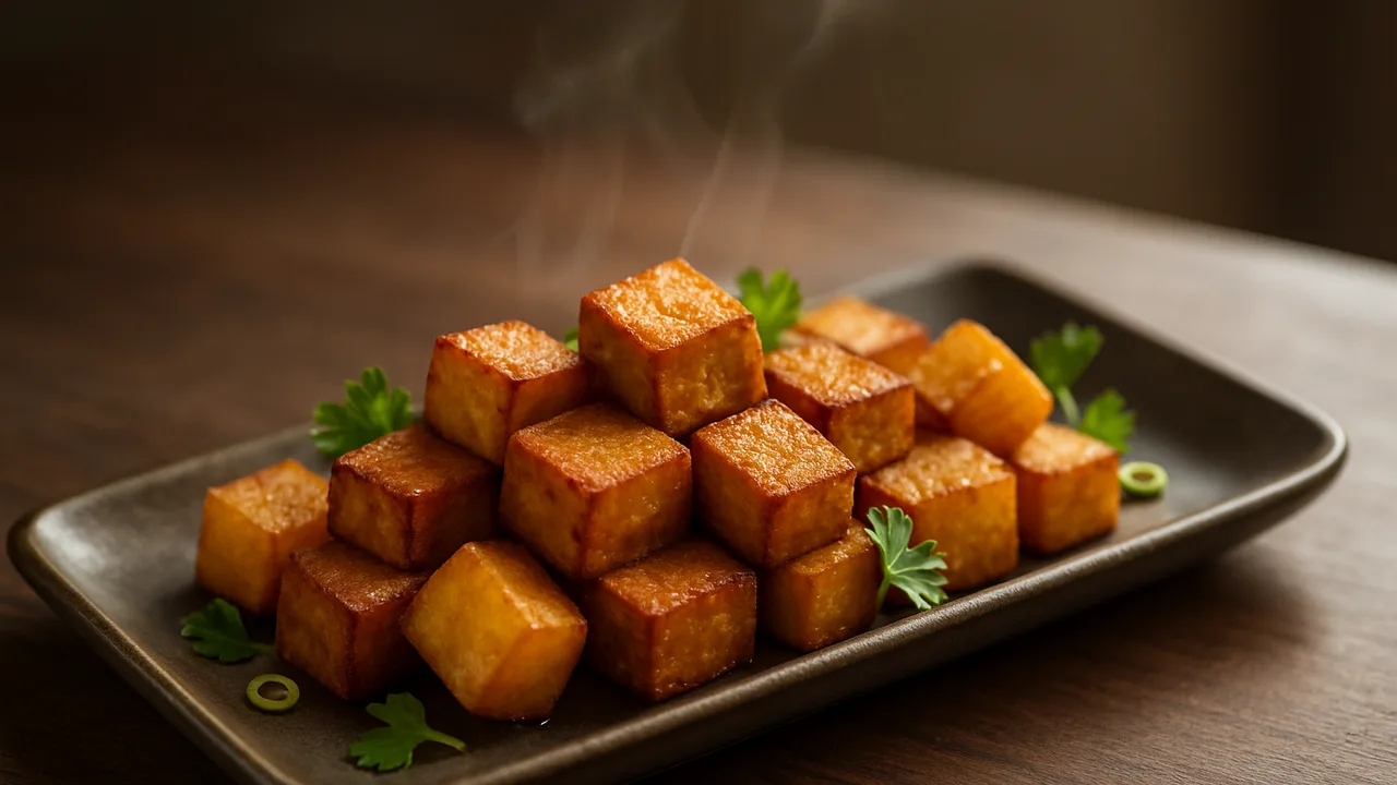 Rauchig Steckrübe-Tofu-Röstchen aus dem Airfryer mit Steckrübe und Tofu, auf dunklem Walnussholz angerichtet.