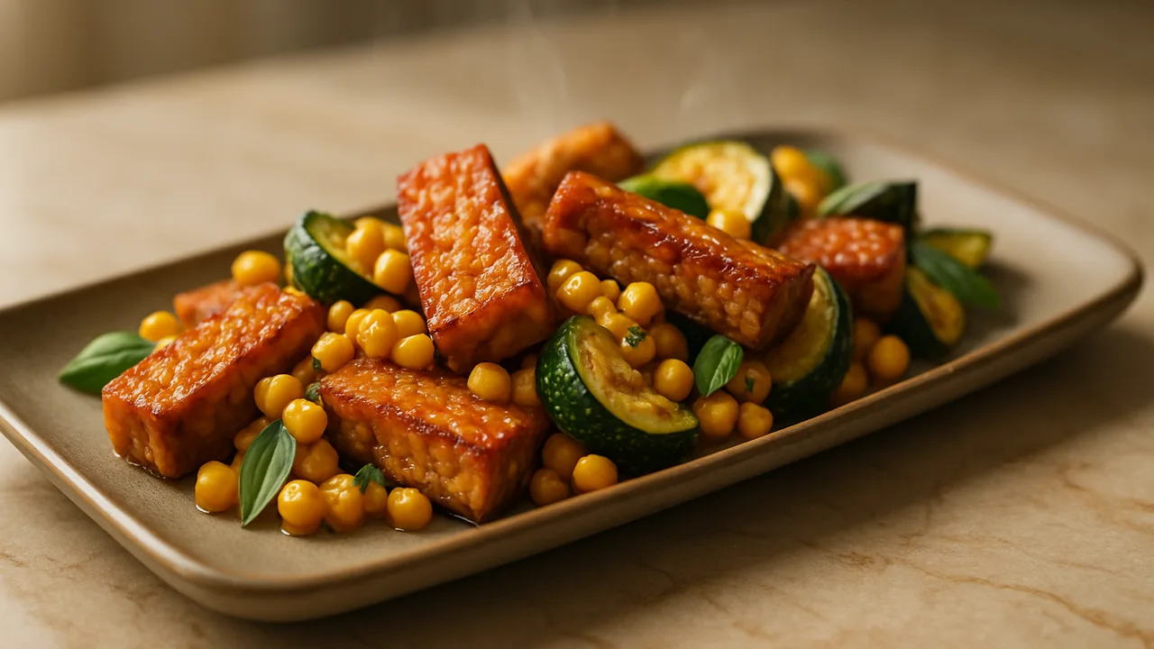 Rauchig Tempeh mit Mais aus dem Airfryer mit Tempeh und Mais, auf beigem Marmor angerichtet.