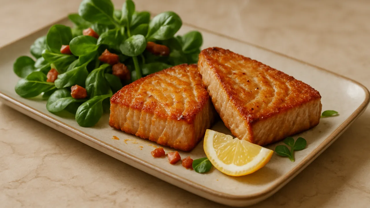 Rauchig Thunfisch mit Feldsalat aus dem Airfryer mit Thunfischsteaks und Zitrone, auf beigem Marmor angerichtet.