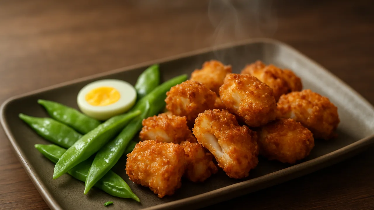 Rauchige Tintenfisch-Nuggets mit Zuckerschoten aus dem Airfryer mit Tintenfisch und Ei, auf dunklem Walnussholz angerichtet.